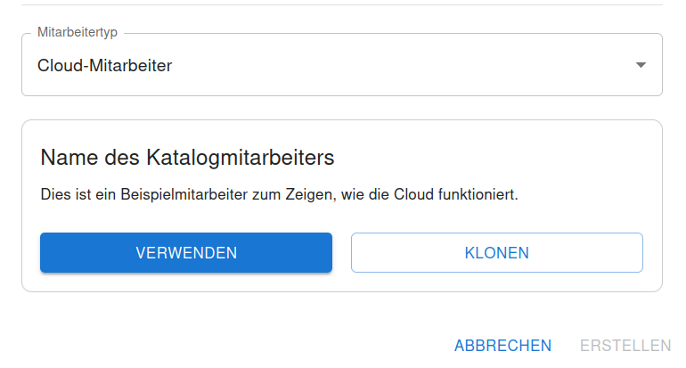 Detailansicht eines Mitarbeiters im Katalog mit den Buttons Verwenden und Klonen
